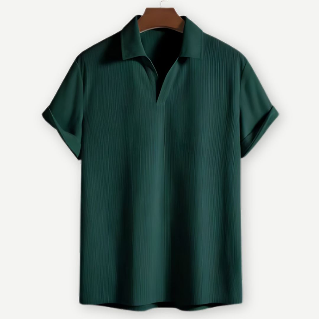 Men's short sleeve polo — ribbed texture open collar — daily casual style