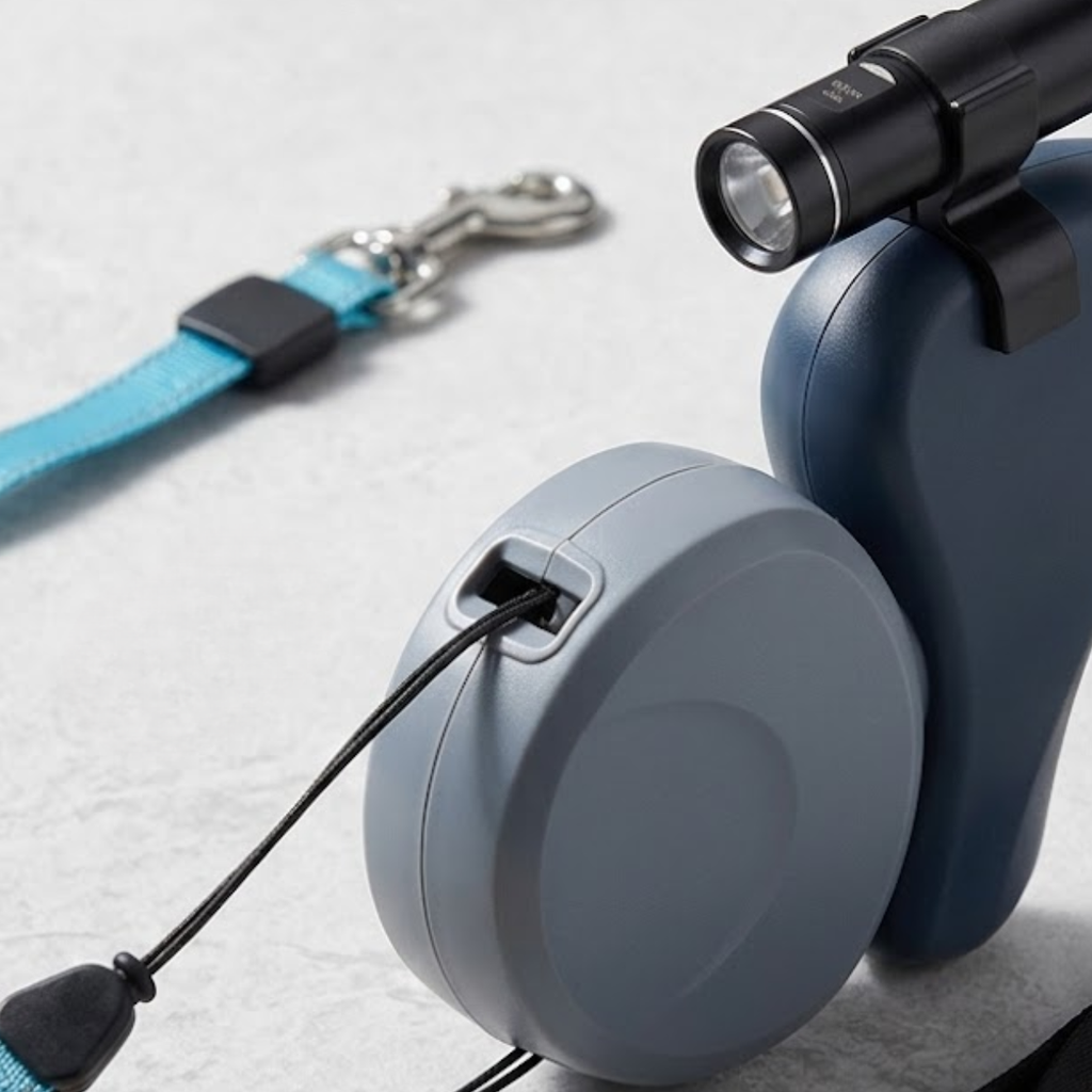 Retractable Double Dog Leash with 360 Degree Rotation and Integrated LED Flashlight