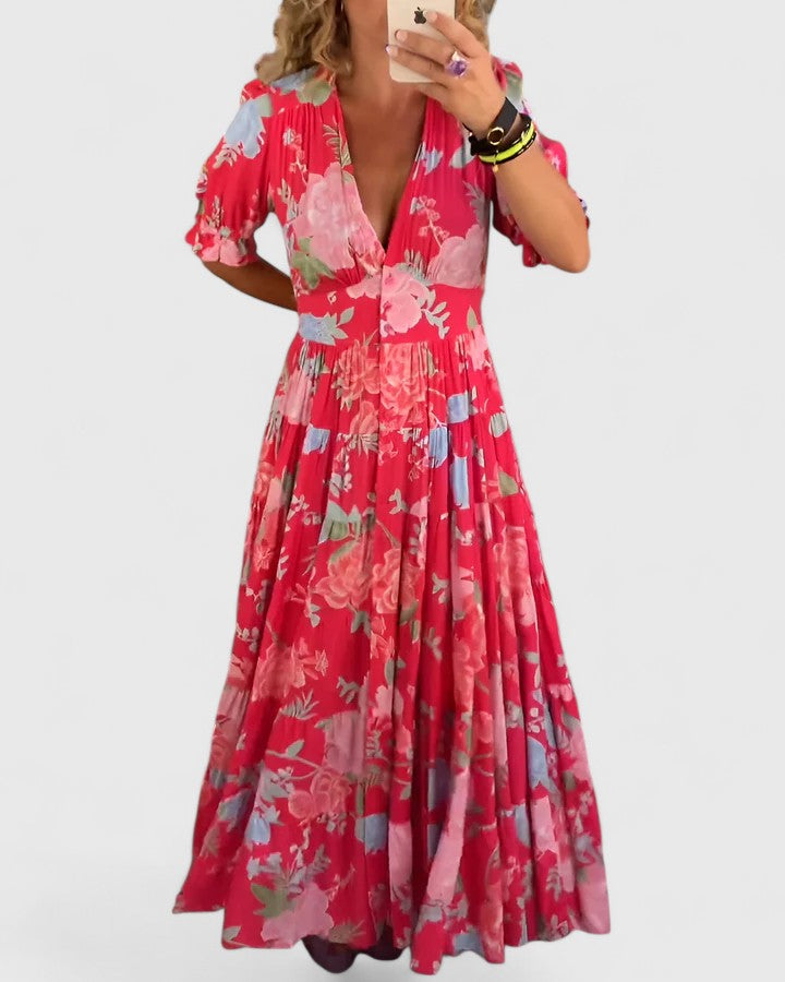 Women's summer dress - short sleeve cut with a deep V-neck