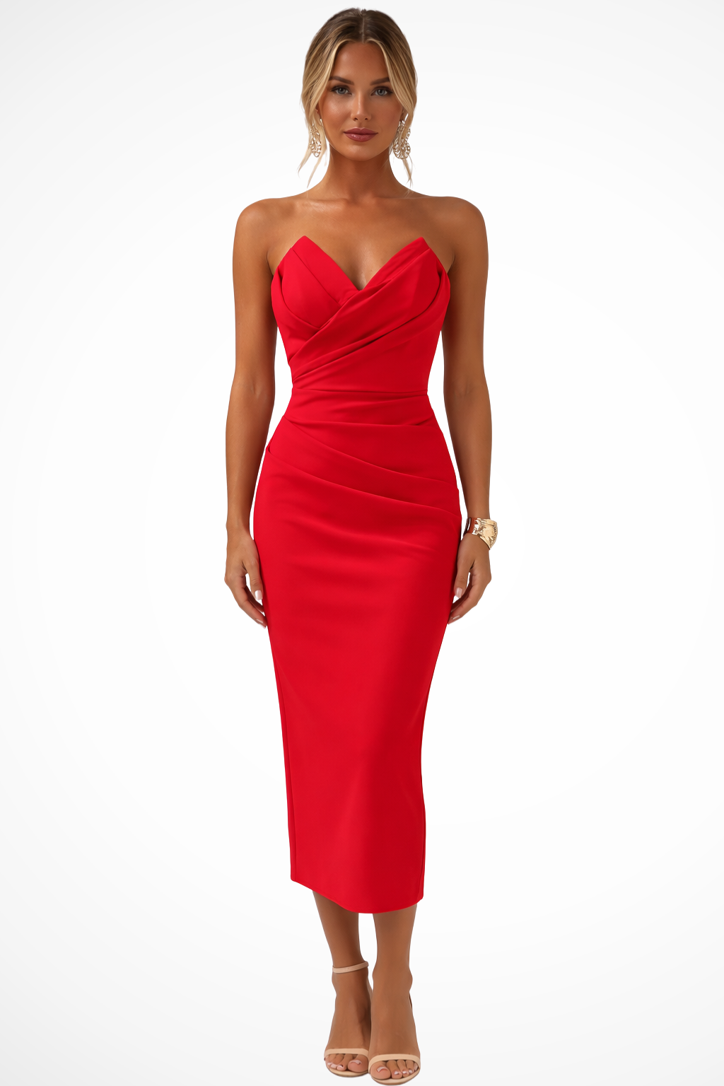Strapless Sweetheart Neckline Ruched Midi Dress with Fitted Bodice for Women