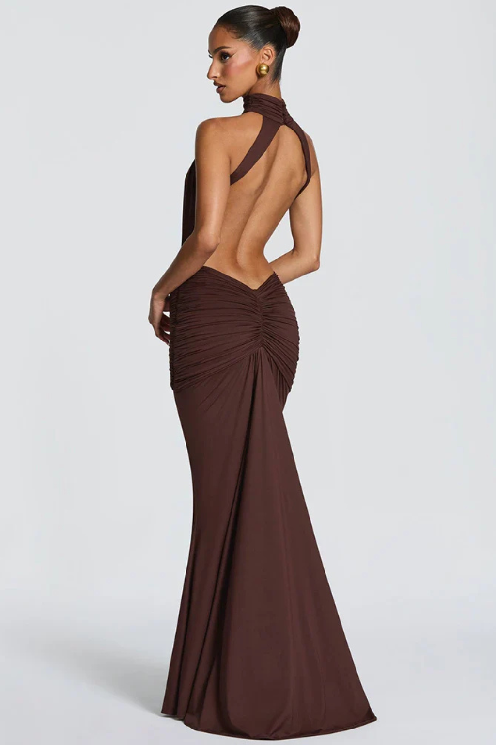Halter Neck Backless Ruched Maxi Dress Bodycon Wedding Guest Gown with Side Cut-Outs