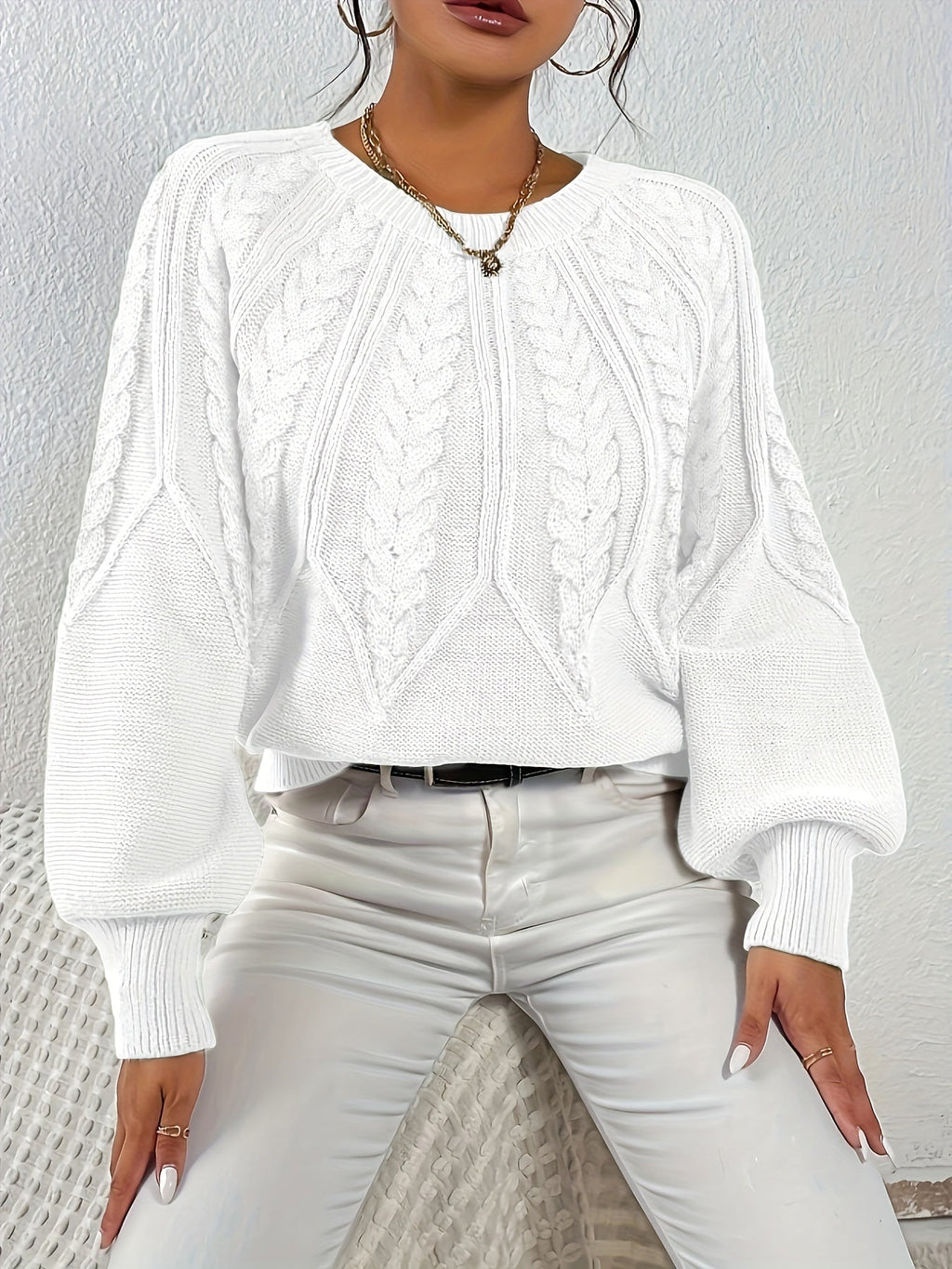 Women's Cable Knit Sweater with Relaxed Fit and Lantern Sleeves for Everyday Wear