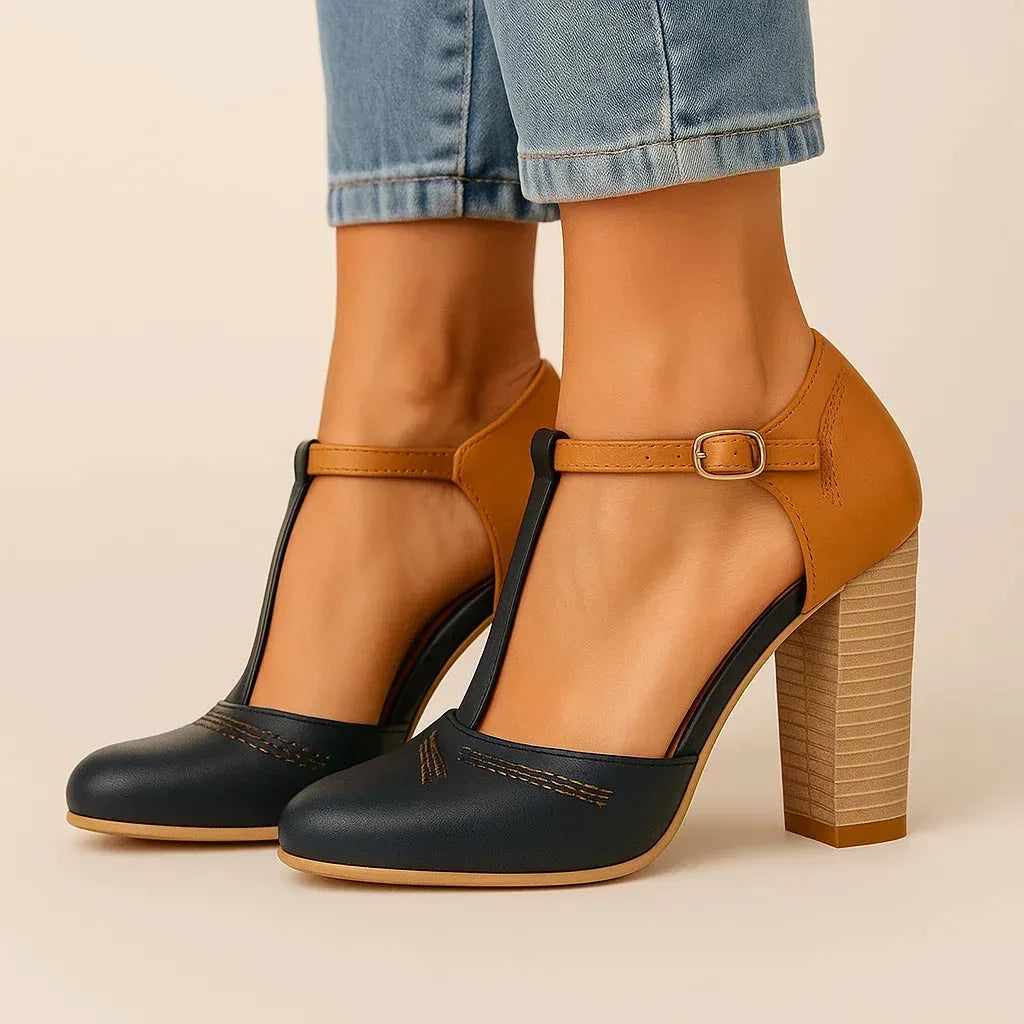 Two-tone block heel pumps — versatile shoes for daily wear