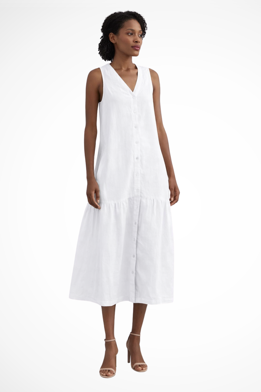 Linen Maxi Dress Sleeveless V-Neck Button Front Tiered Skirt Casual Long Dress