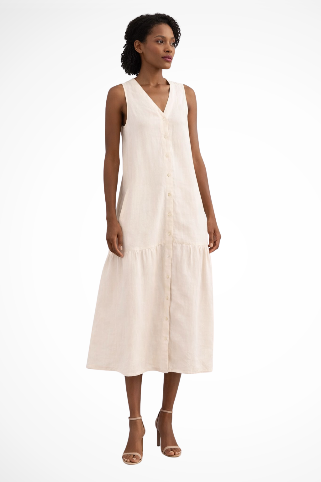Linen Maxi Dress Sleeveless V-Neck Button Front Tiered Skirt Casual Long Dress
