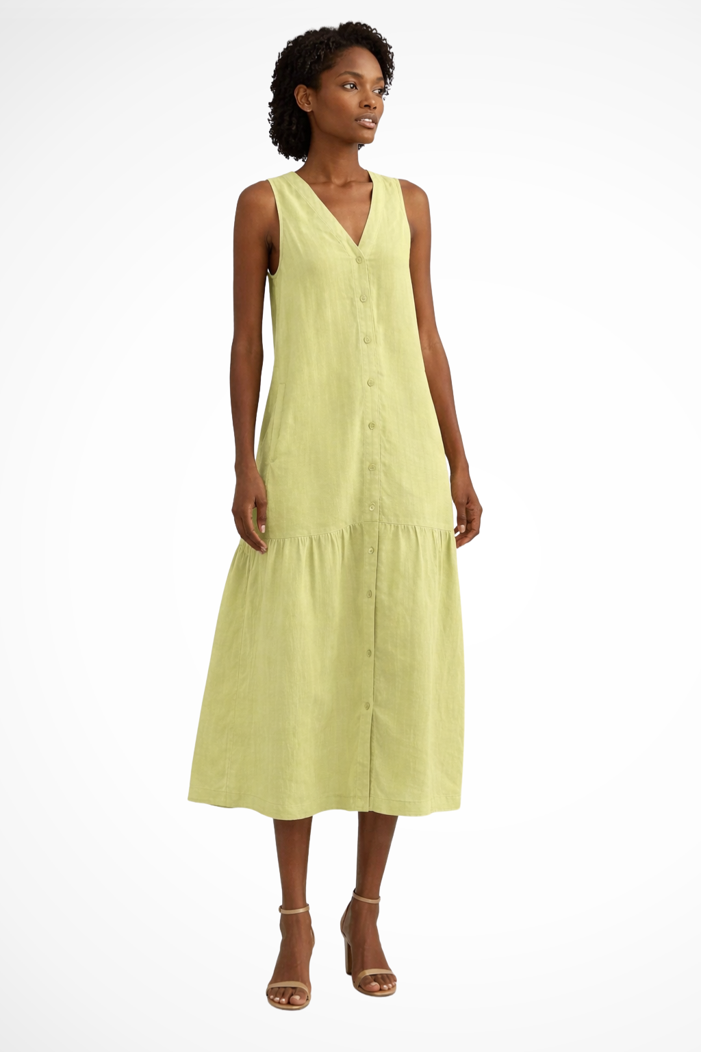 Linen Maxi Dress Sleeveless V-Neck Button Front Tiered Skirt Casual Long Dress