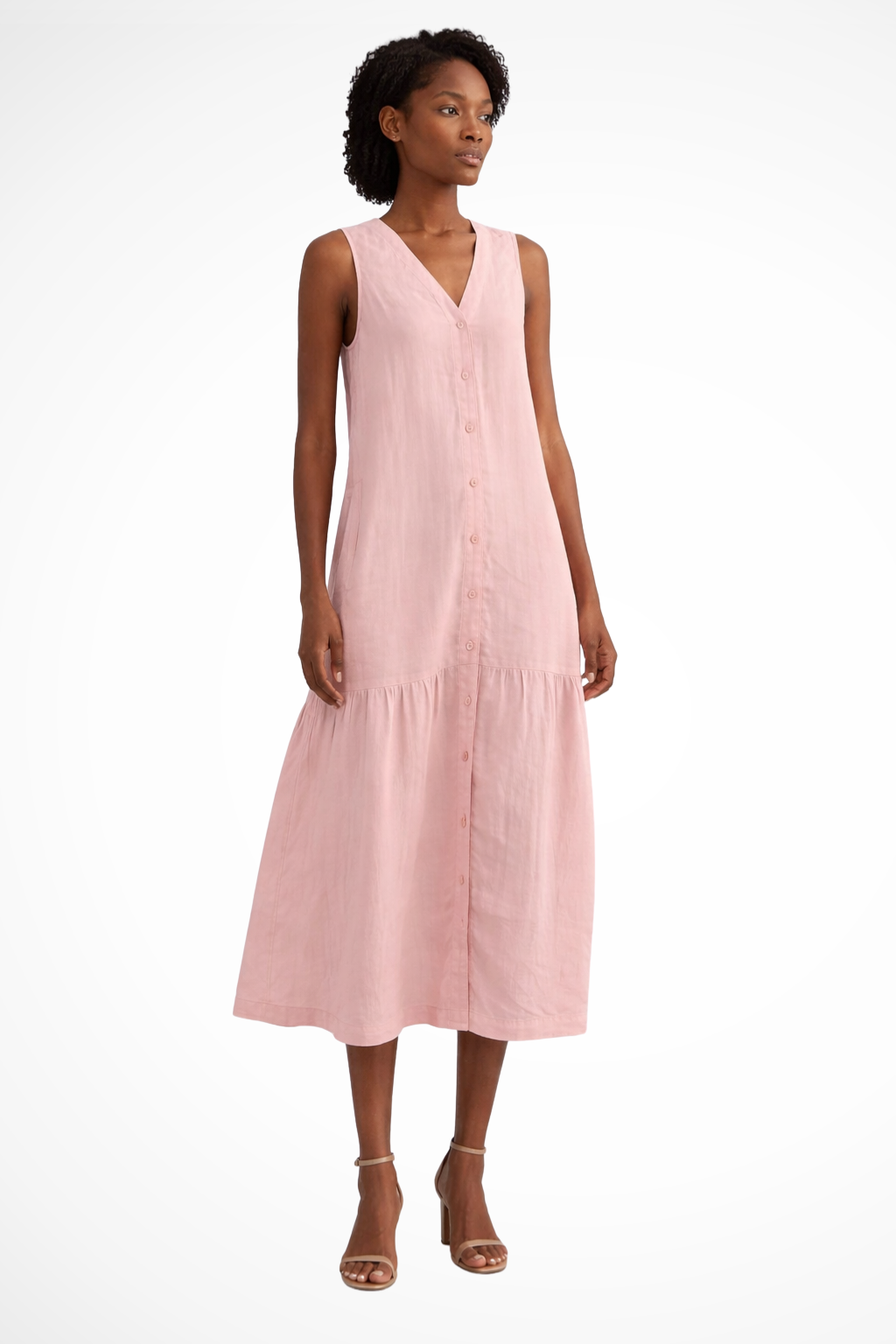 Linen Maxi Dress Sleeveless V-Neck Button Front Tiered Skirt Casual Long Dress