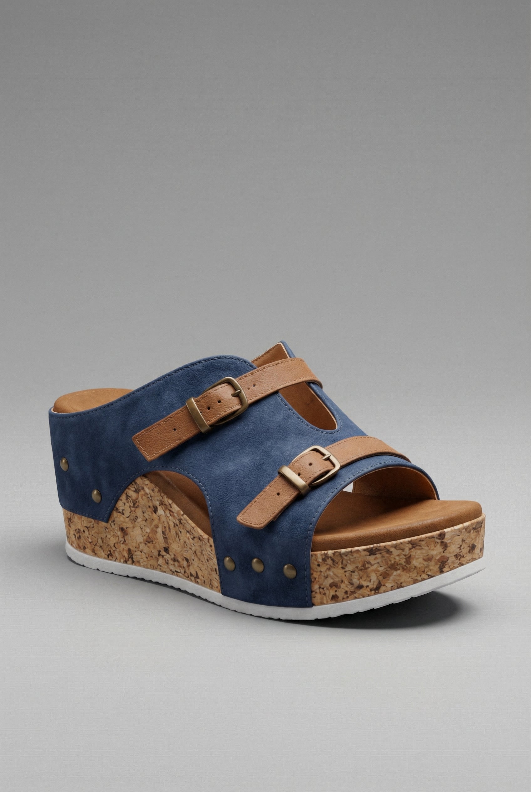 Women's Cork Platform Sandals Double Buckle Strap Wedge Open Toe Fashion Footwear