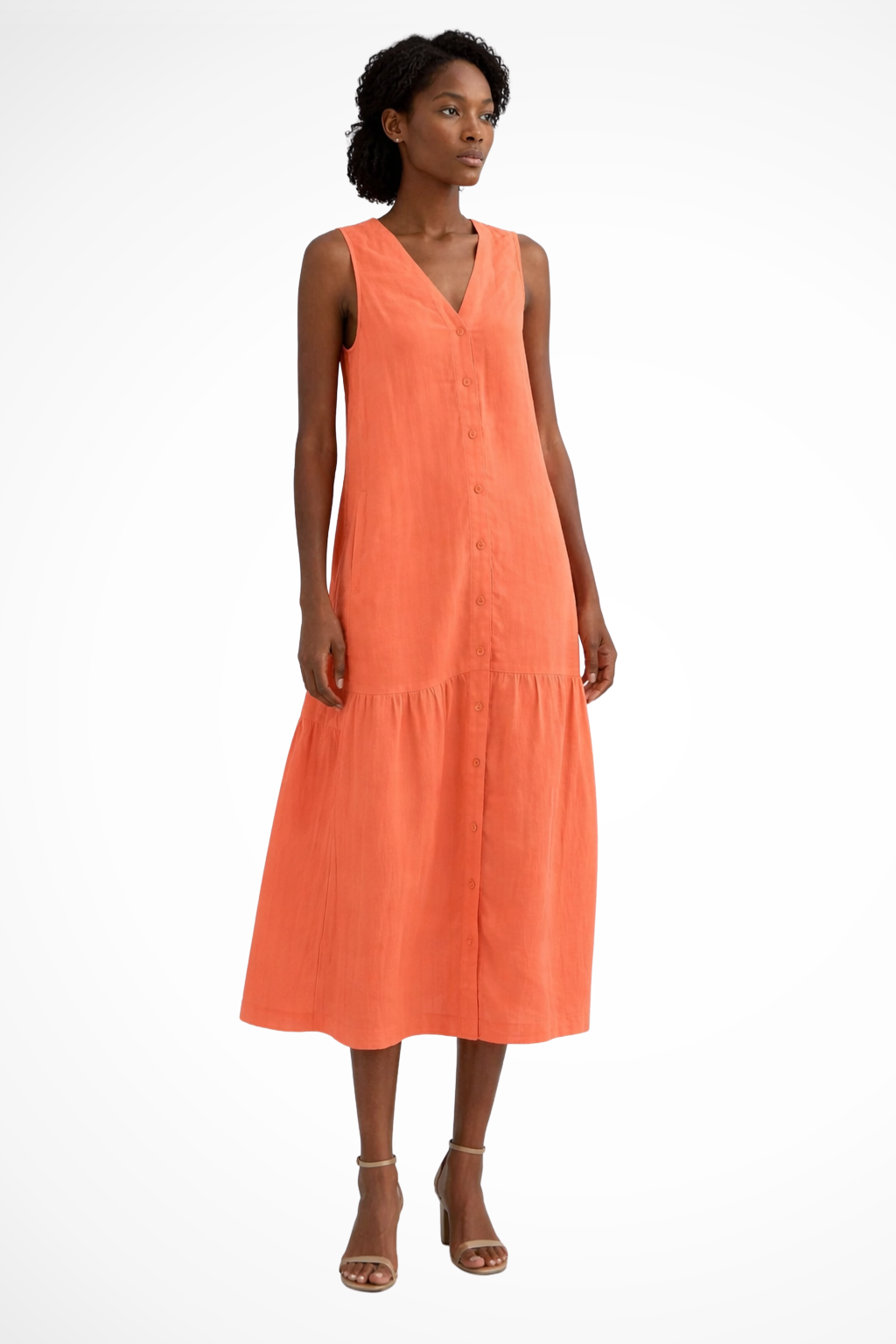 Linen Maxi Dress Sleeveless V-Neck Button Front Tiered Skirt Casual Long Dress