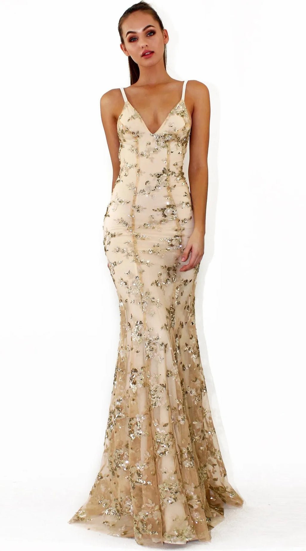 Sequin Mermaid Maxi Dress Deep V-Neck Open Back Lace-Up Formal Gown