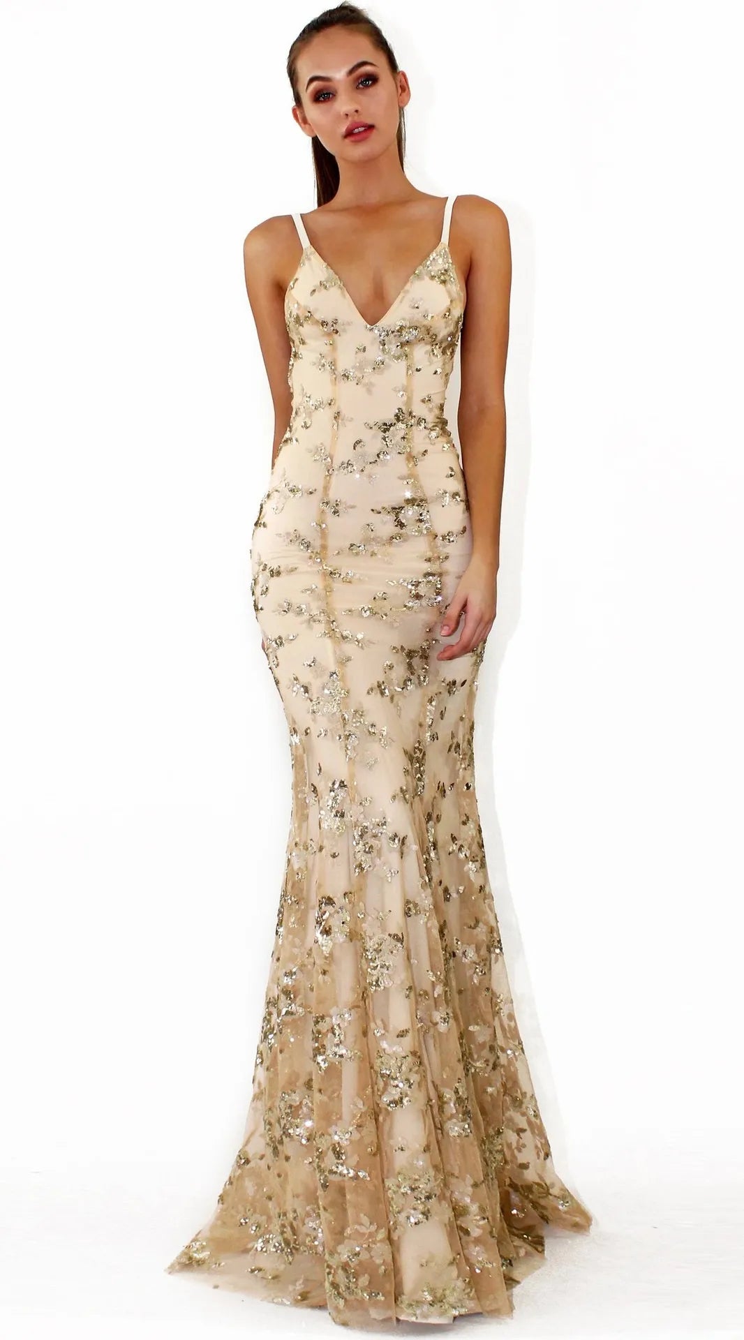 Sequin Mermaid Maxi Dress Deep V-Neck Open Back Lace-Up Formal Gown