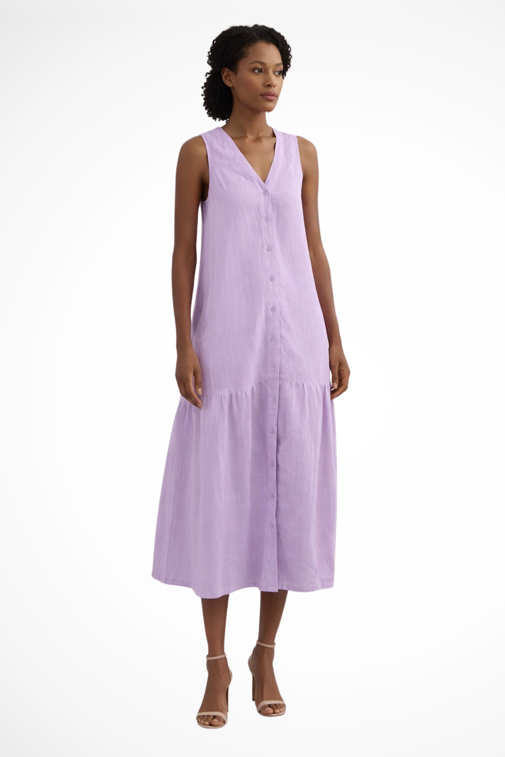 Linen Maxi Dress Sleeveless V-Neck Button Front Tiered Skirt Casual Long Dress