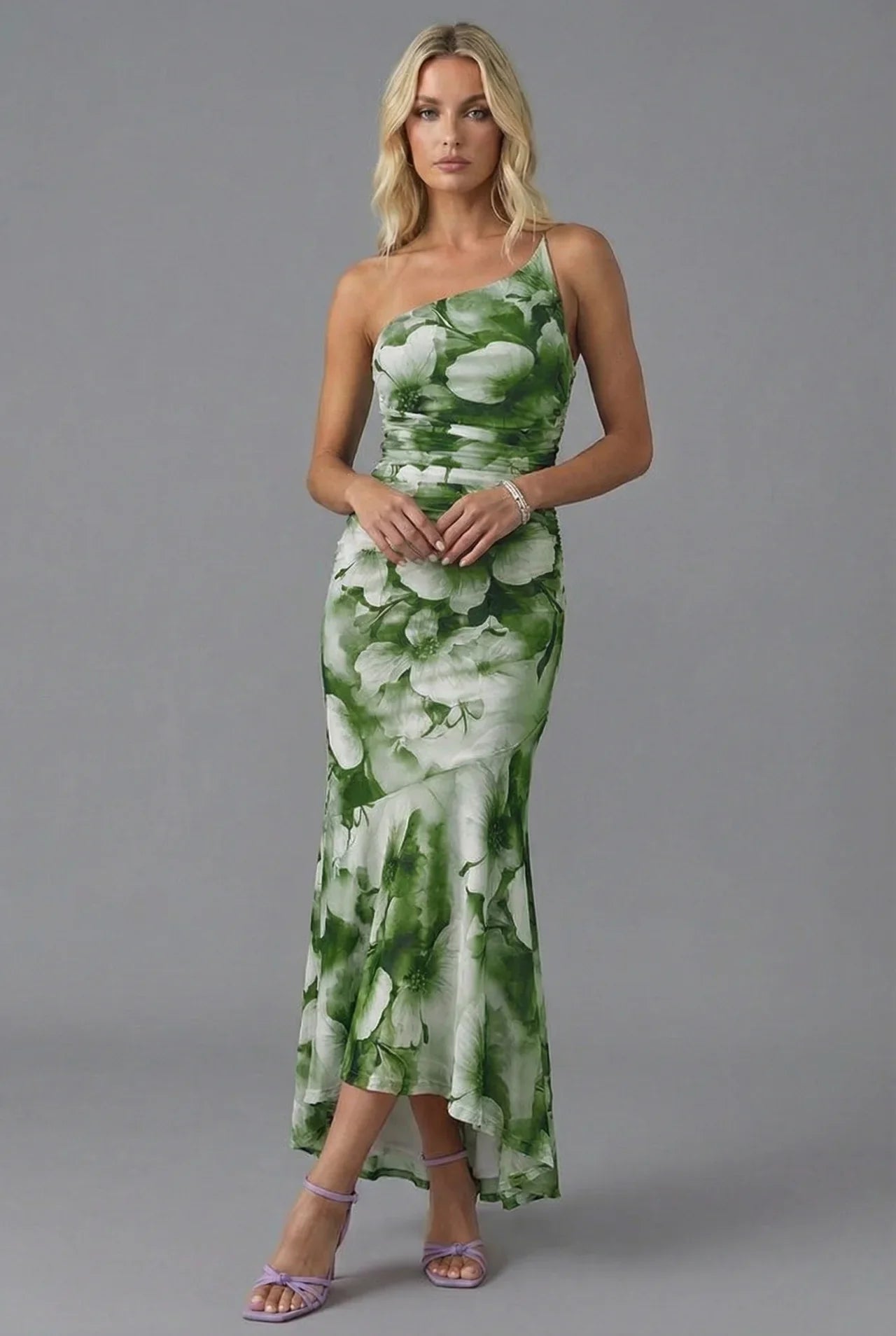 One Shoulder Floral Maxi Dress Ruched Bodycon Fishtail Hem Evening Formal Gown