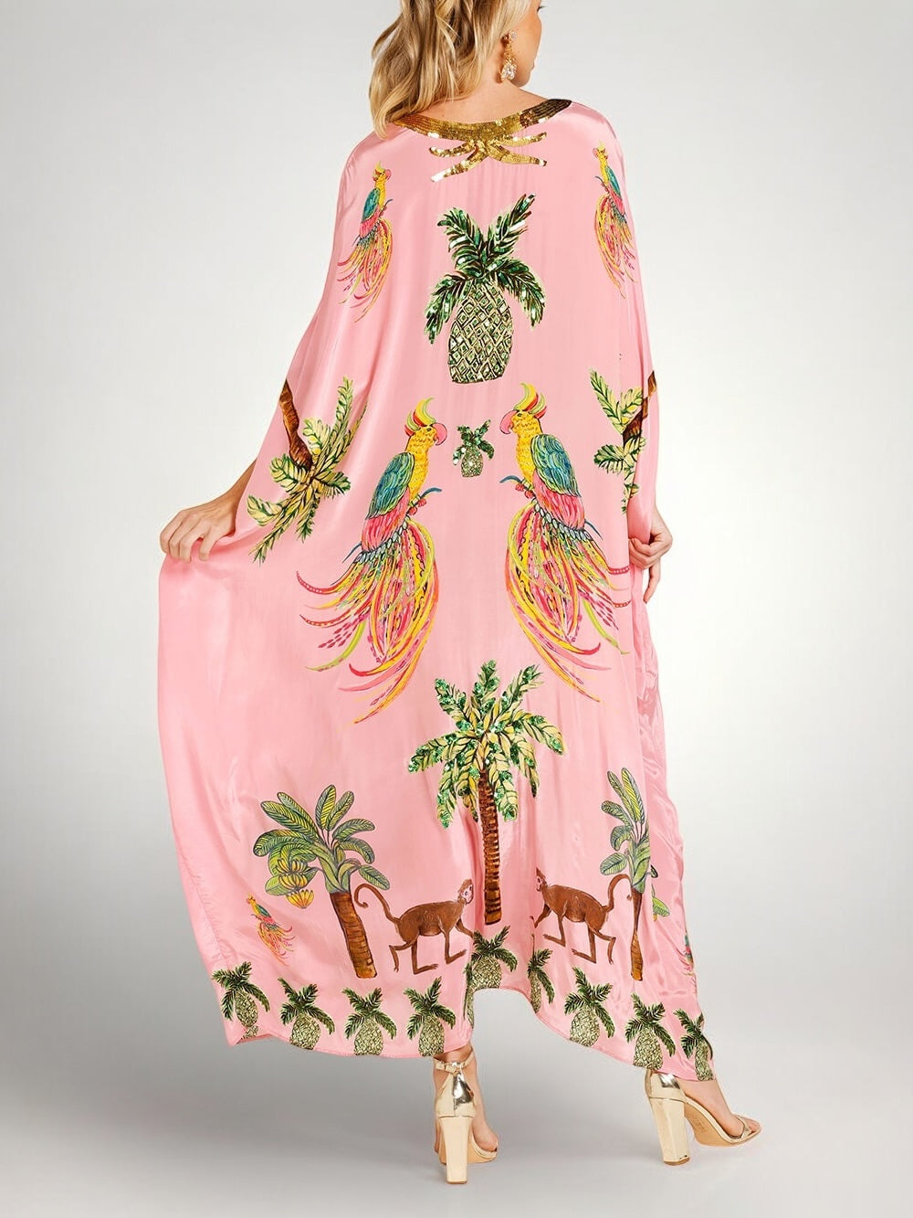 Tropical Print Sequin Kaftan Dress
