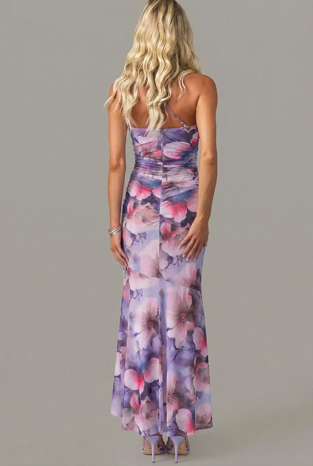 One Shoulder Floral Maxi Dress Ruched Bodycon Fishtail Hem Evening Formal Gown