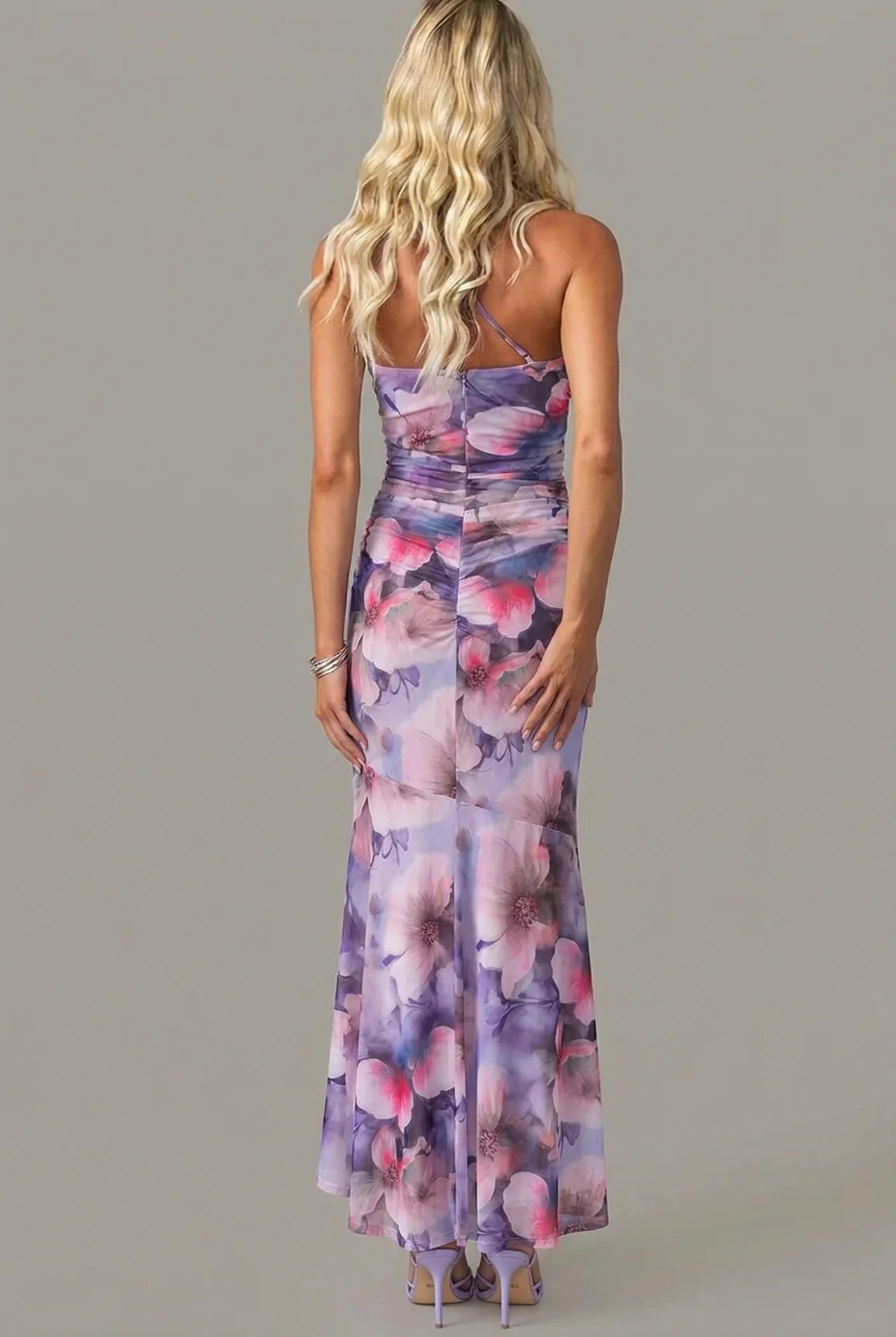 One Shoulder Floral Maxi Dress Ruched Bodycon Fishtail Hem Evening Formal Gown