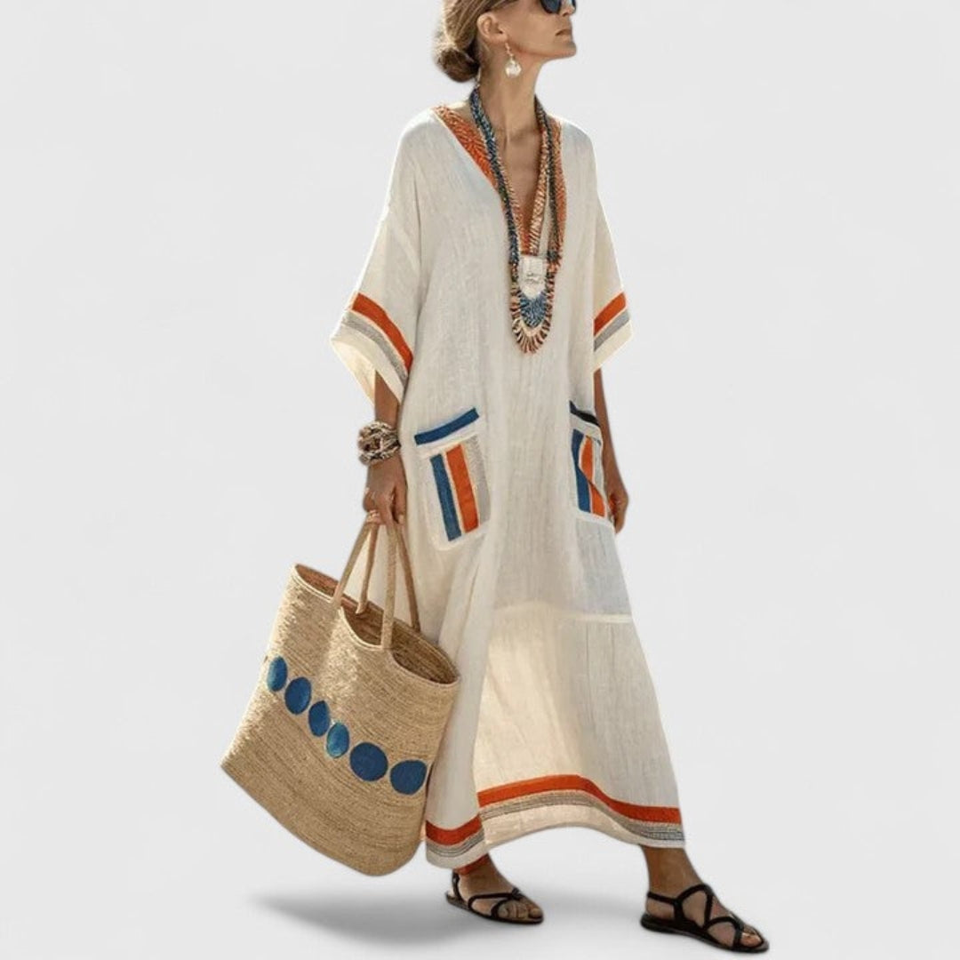 Boho Maxi Dress with Pockets V-Neck Striped Kaftan Loose Fit Beach Vacation Apparel