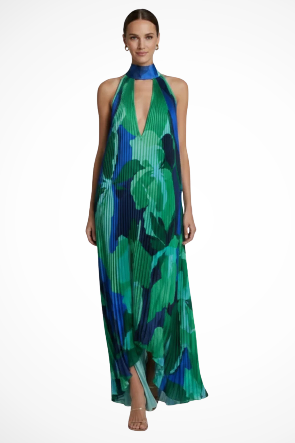 Printed Pleated Halter Neck Maxi Dress with Front Keyhole Detail Evening Gown