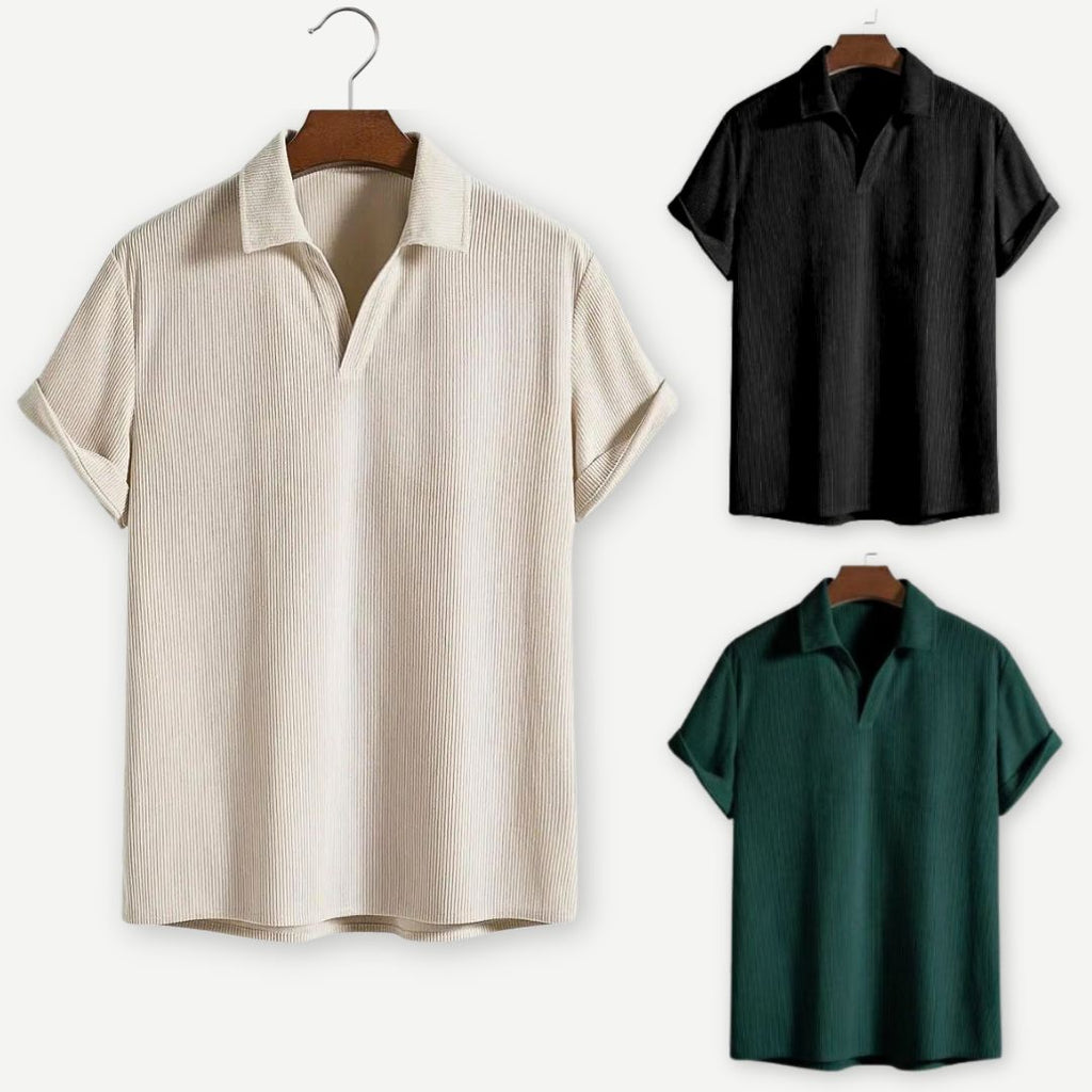Men's short sleeve polo — ribbed texture open collar — daily casual style