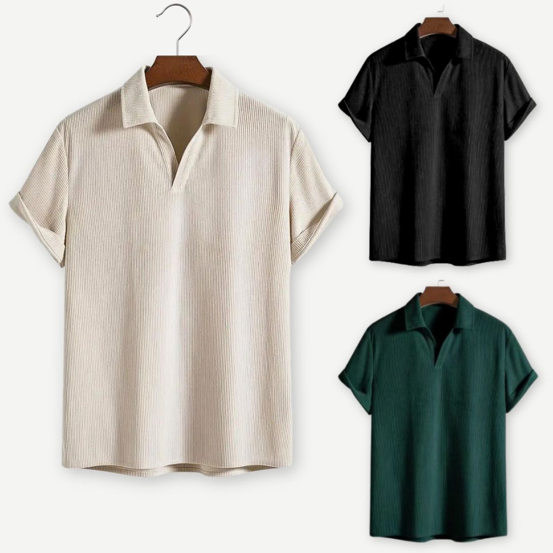 Men's short sleeve polo — ribbed texture open collar — daily casual style