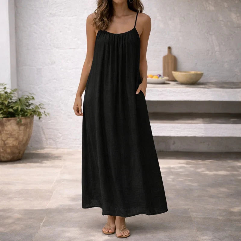 Linen Cotton Maxi Dress Adjustable Spaghetti Strap Open Back Sleeveless Casual Sundress