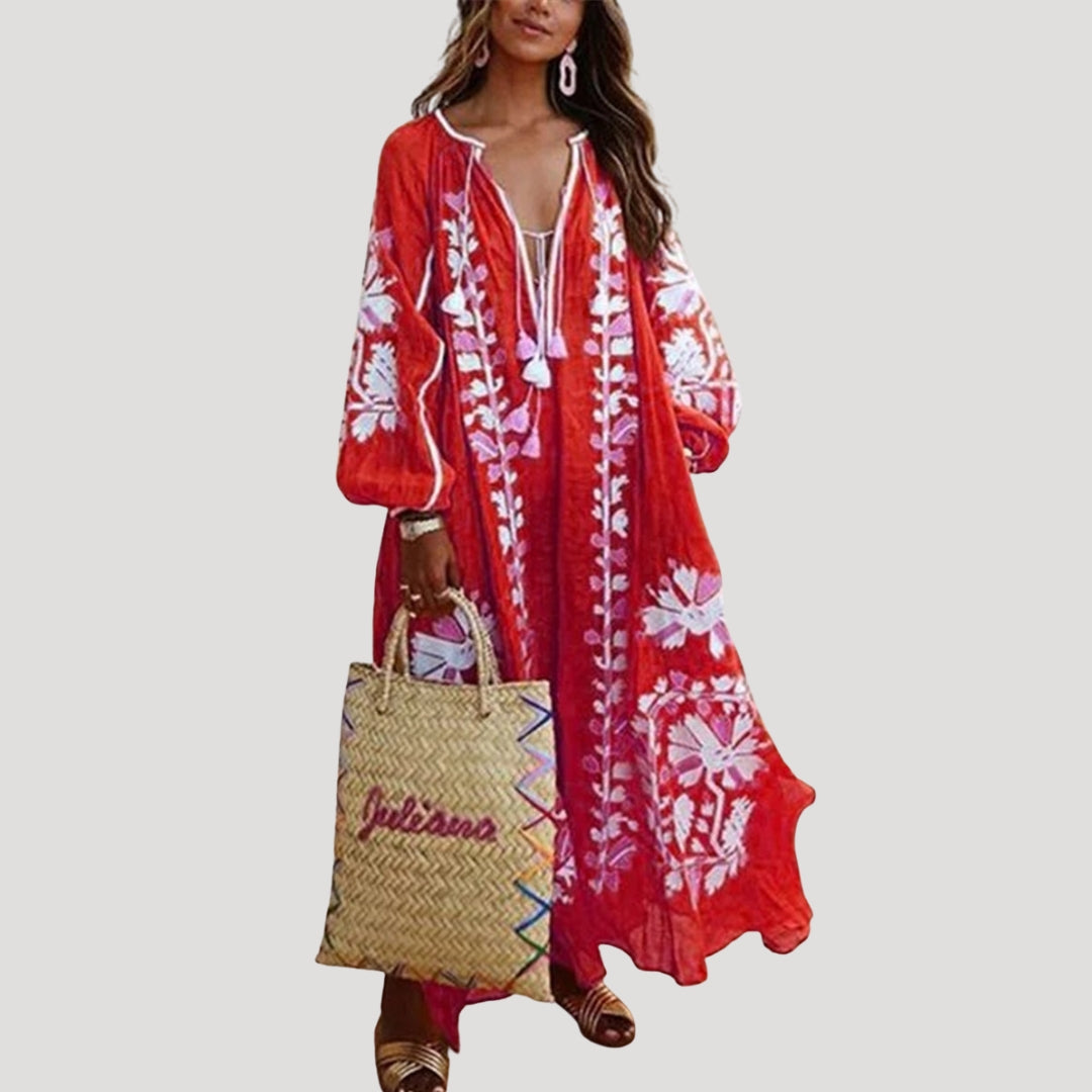 Long Sleeve Boho Maxi Dress V Neck Patterned Loose Fit Lightweight Flowing Dress