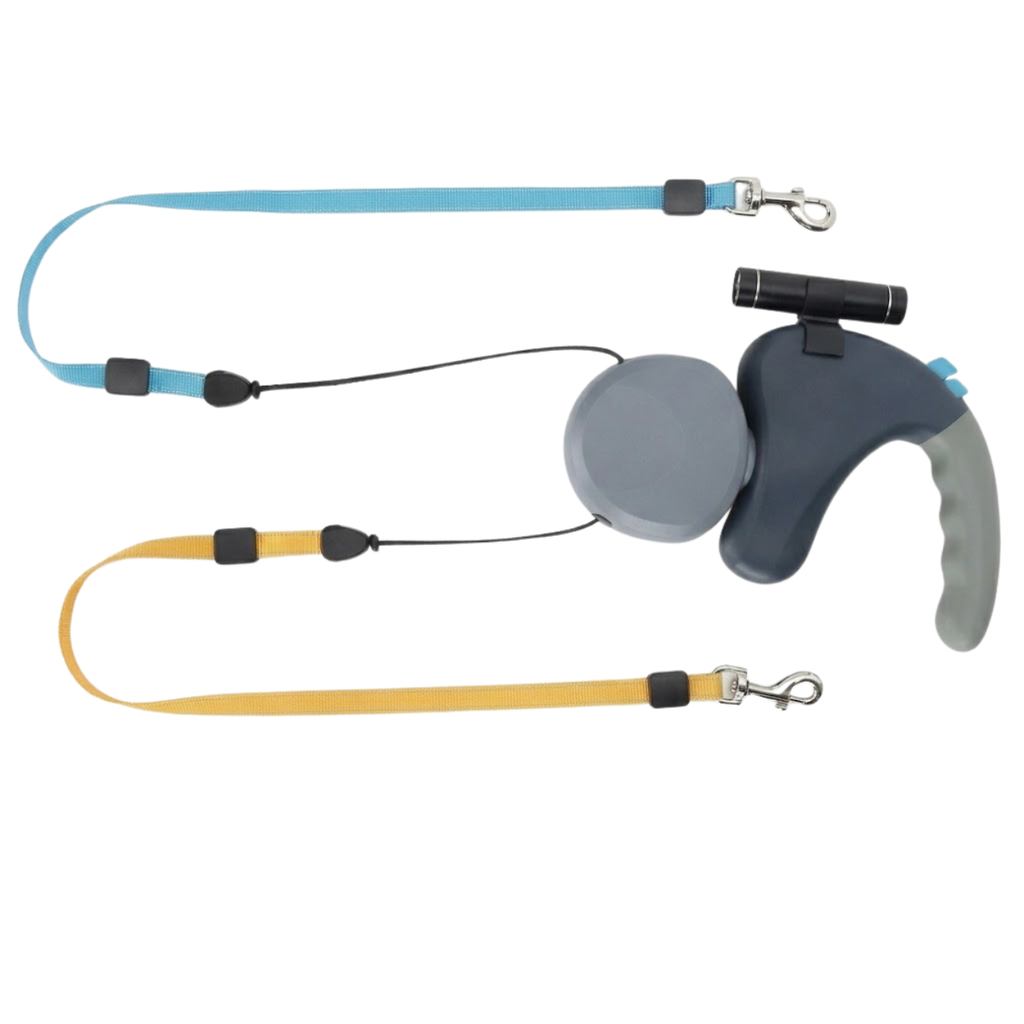 Retractable Double Dog Leash with 360 Degree Rotation and Integrated LED Flashlight