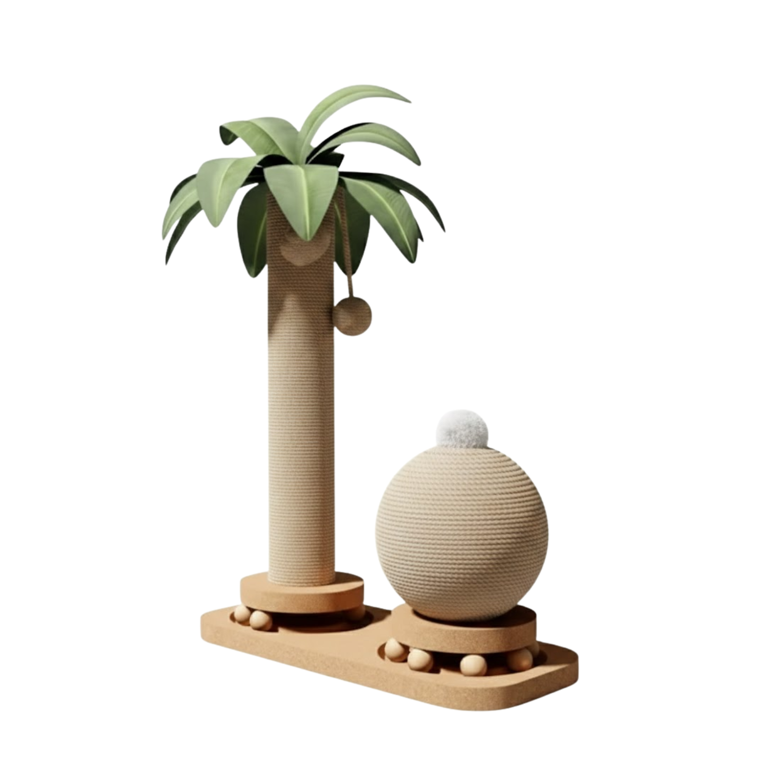 Coconut Tree Cat Scratching Post with Sisal Rope Solid Wood Base and Hanging Balls