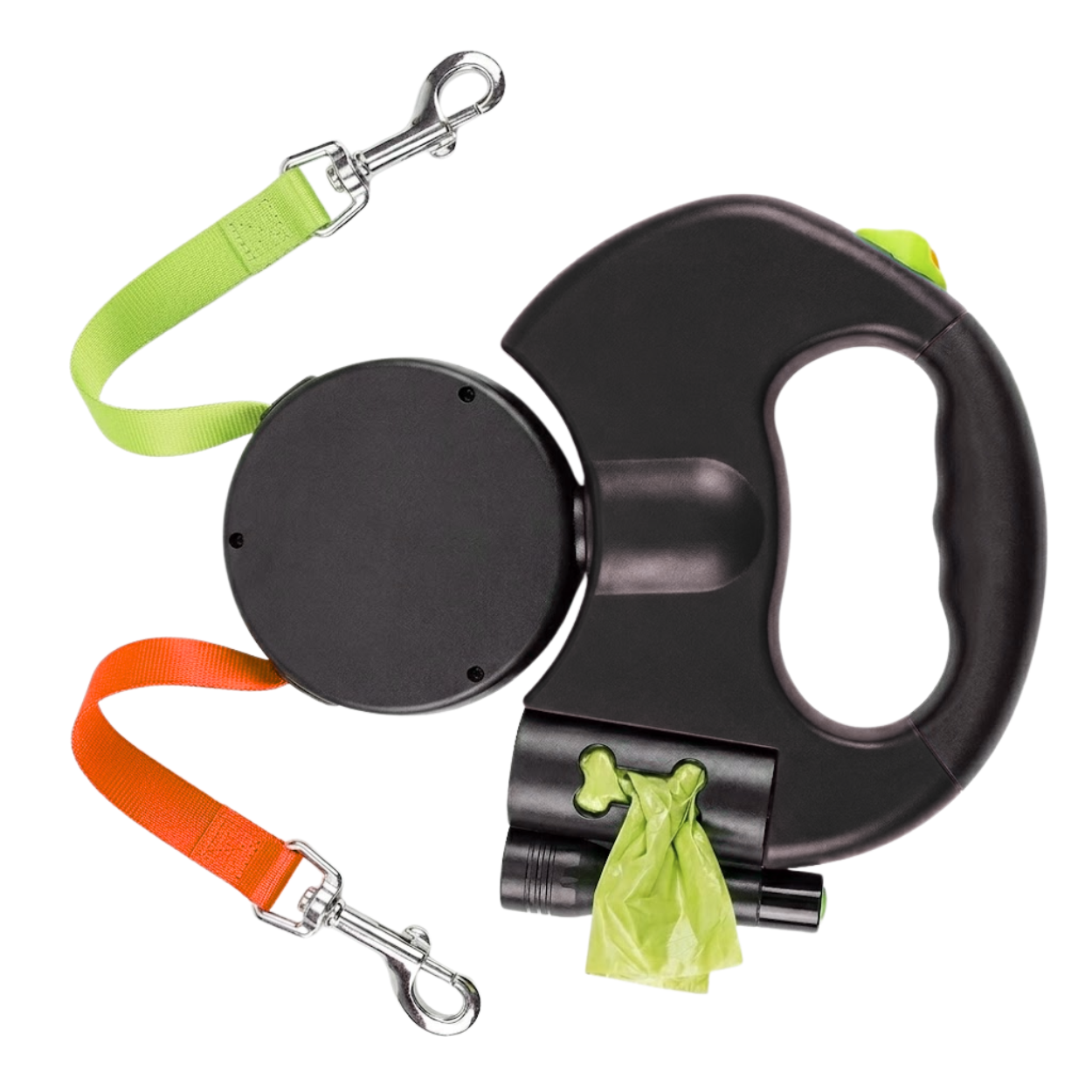 Retractable Double Dog Leash with LED Flashlight and Integrated Waste Bag Dispenser