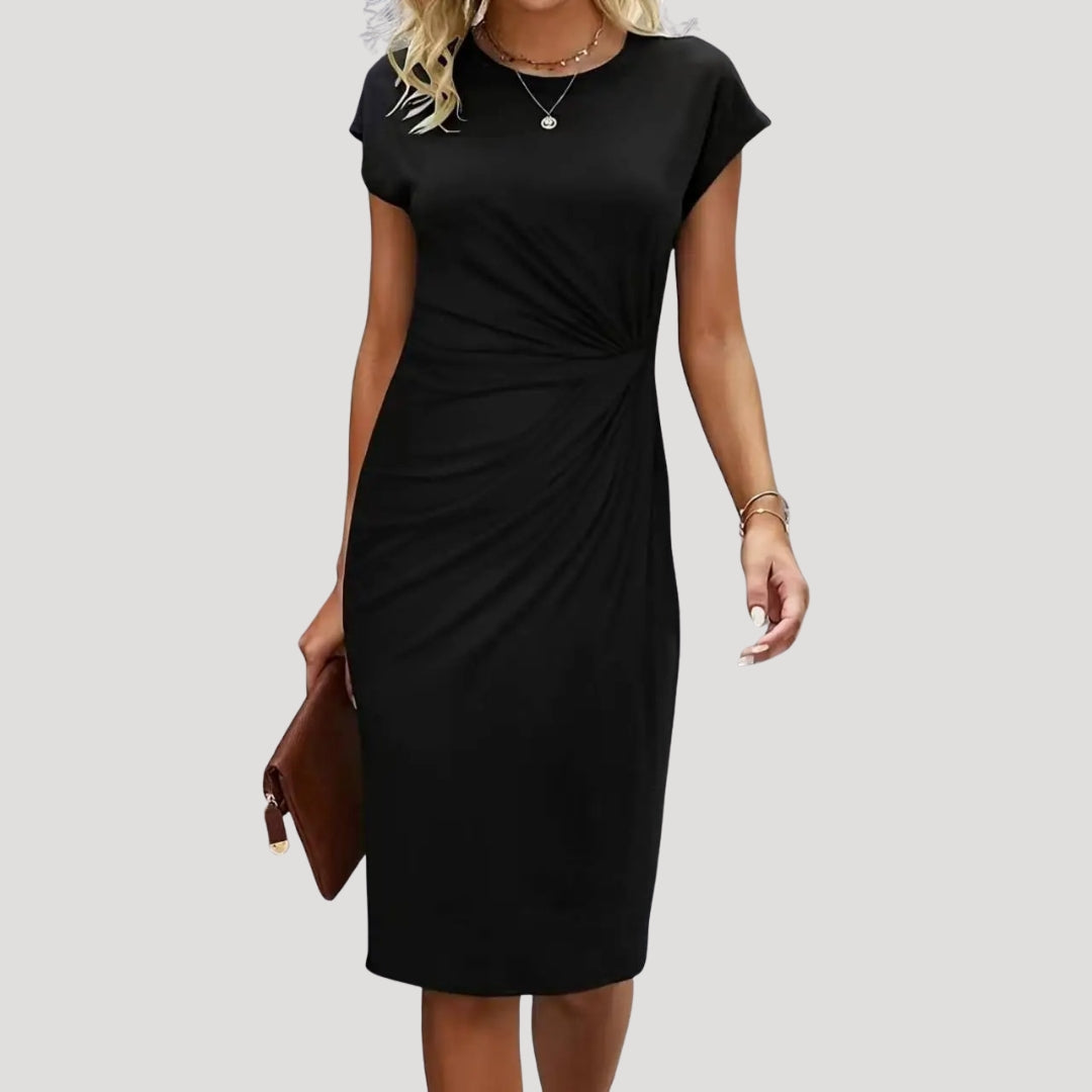 Women's Ruched Cap Sleeve Midi Dress with Round Neckline and Fitted Silhouette
