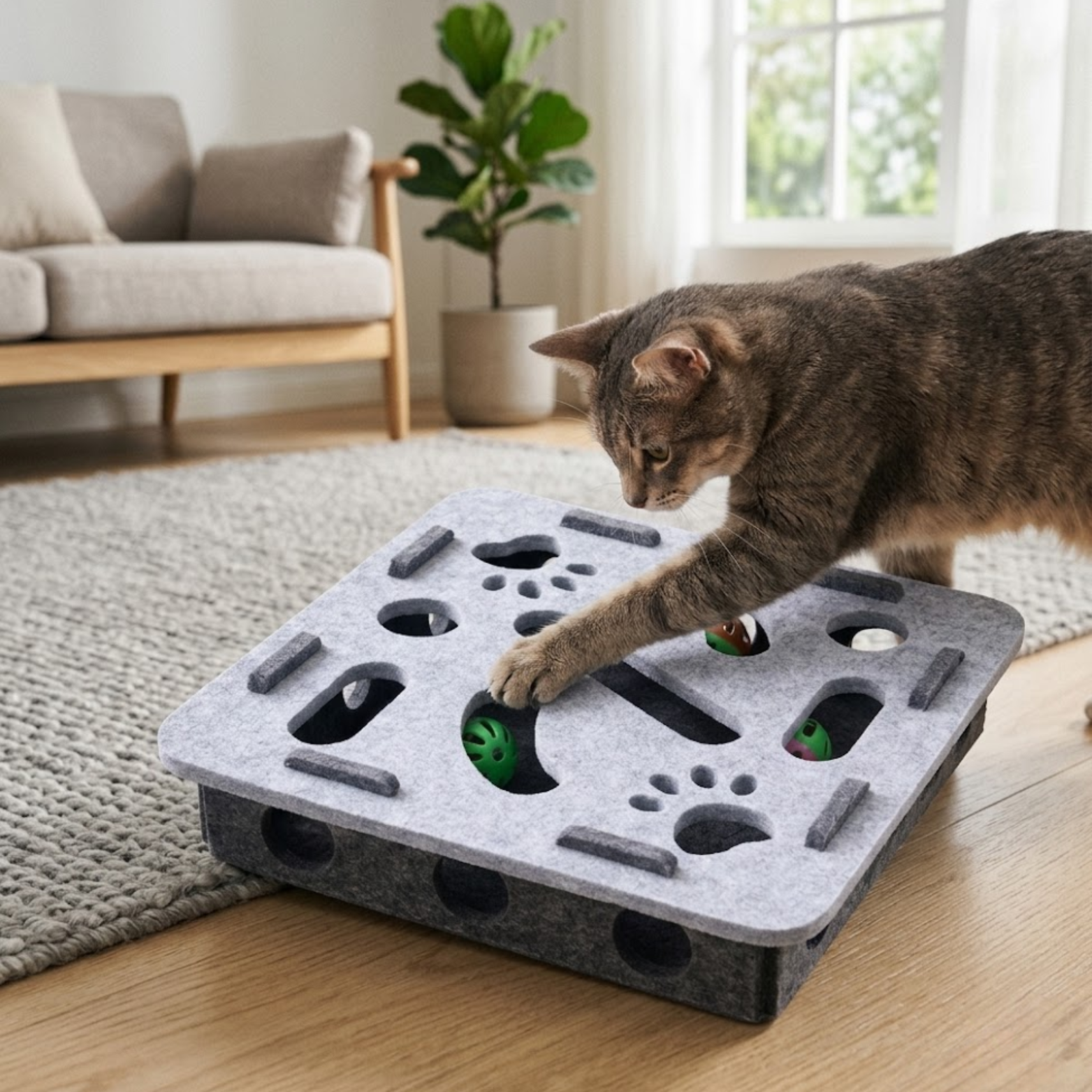 Interactive Cat Puzzle Toy Box with Balls and Suede Felt for Indoor Exercise