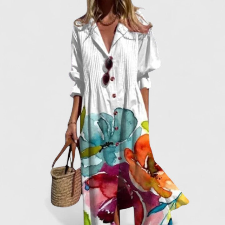 Women's floral print shirtdress — pintuck pleated collared midi dress