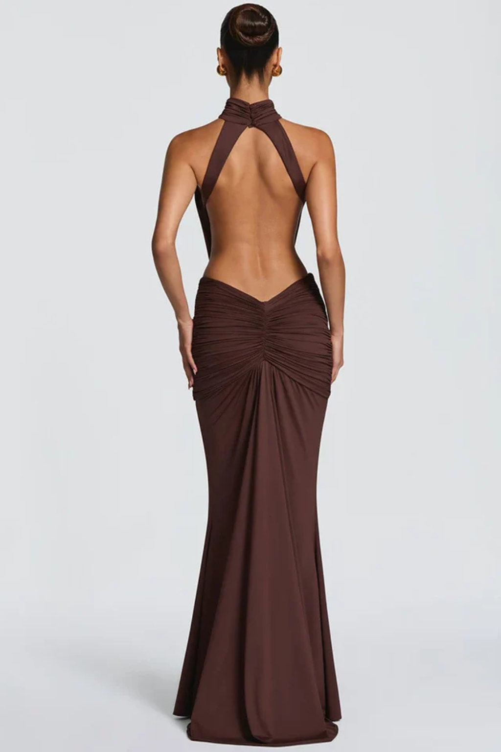 Women's Ruched Maxi Dress Backless Cut Out High Neck Sleeveless Formal Evening Dress