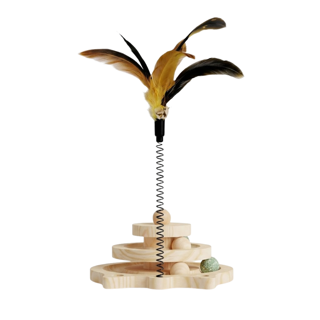Wooden Cat Toy Tower with Interactive Track Balls and Feather Wand Attachment