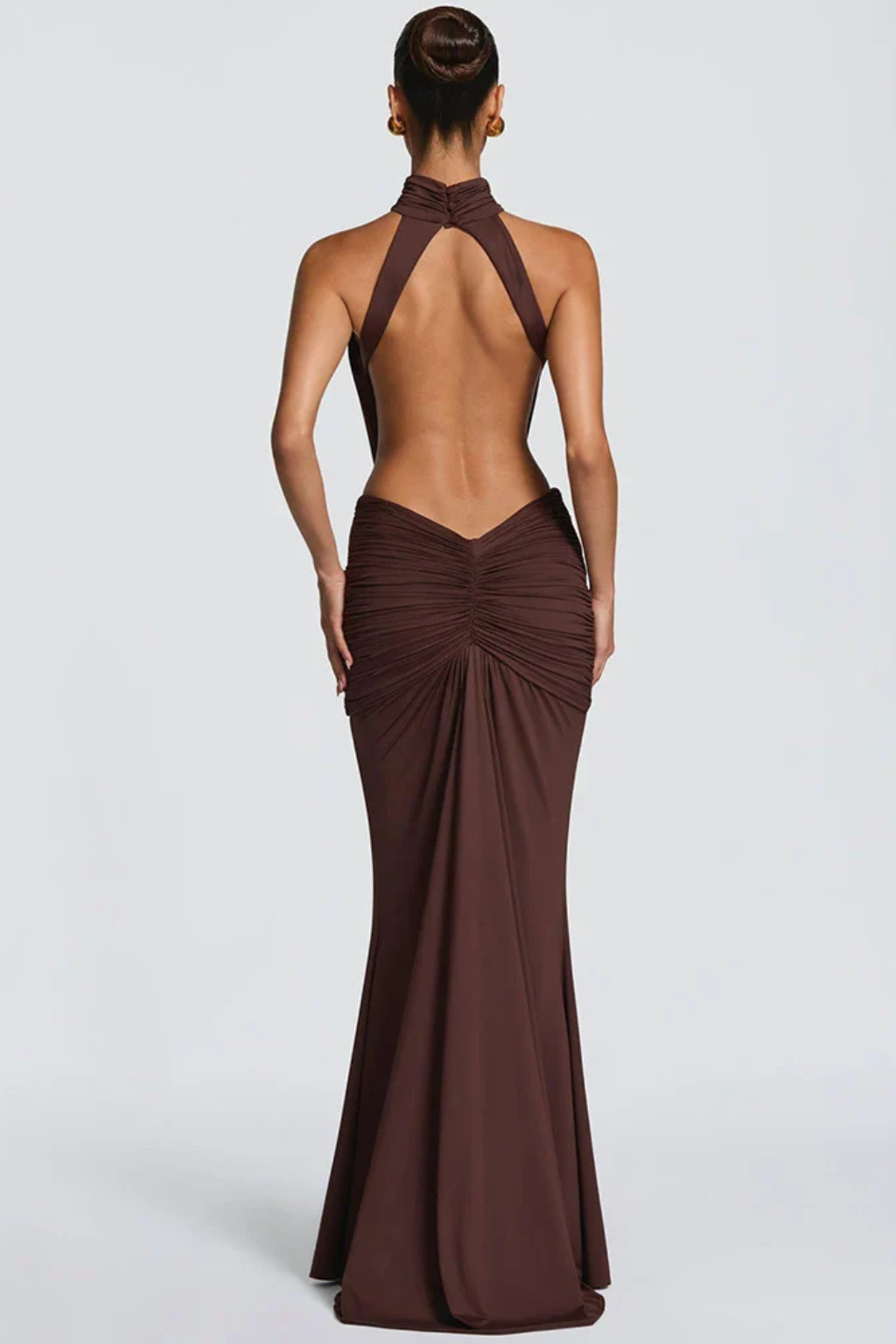 Halter Neck Backless Ruched Maxi Dress Bodycon Wedding Guest Gown with Side Cut-Outs