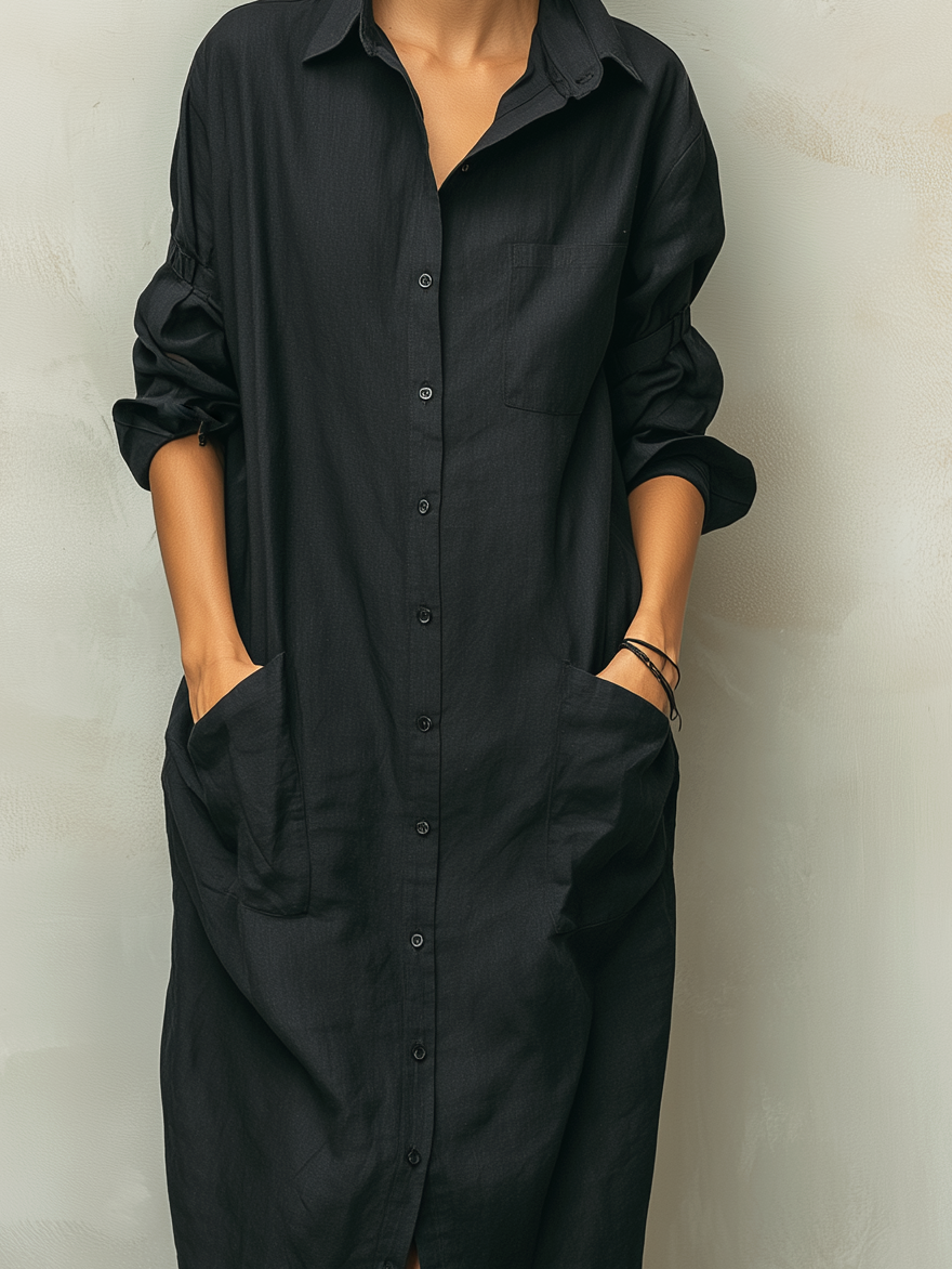Women’s Long Sleeve Cotton Linen Shirt Dress