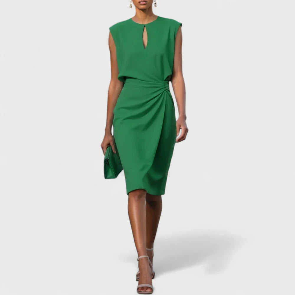 Sleeveless Midi Dress with Ruched Waist and Keyhole Neckline Stretch Cocktail Gown