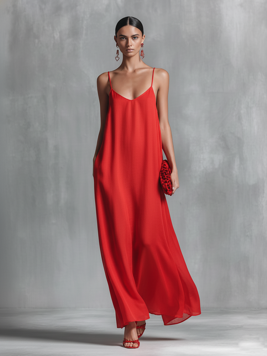 Chiffon V-Neck Spaghetti Strap Maxi Dress
