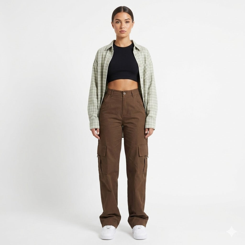 Women's Cargo Pants Polyester Blend High Waist Wide Leg Pockets Casual Streetwear