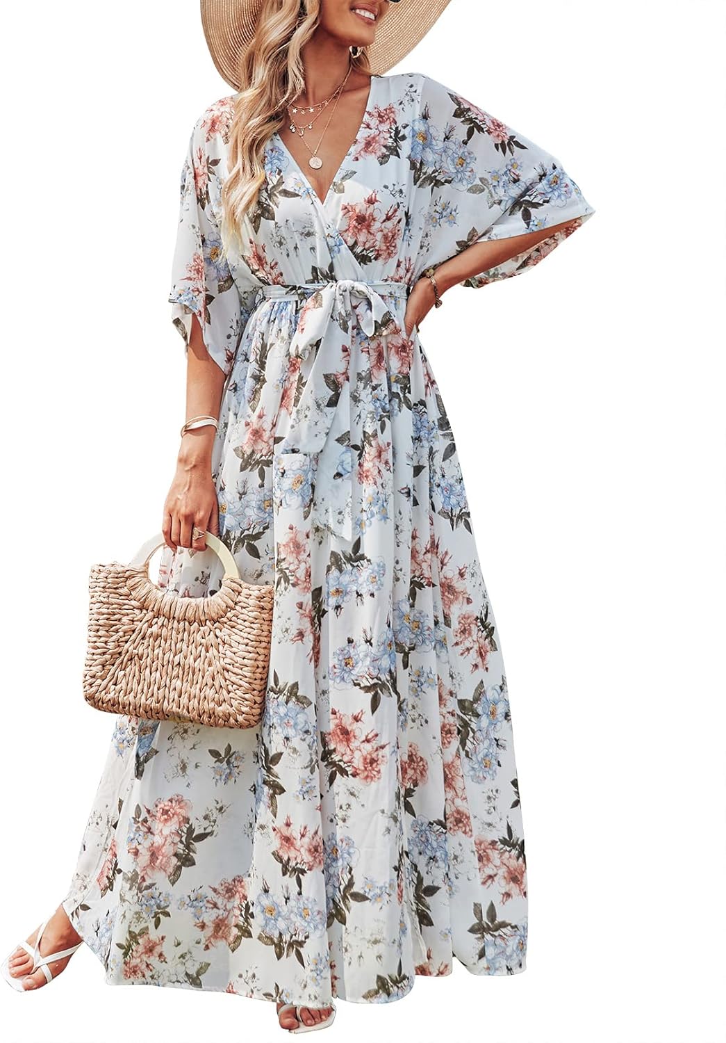 Women's floral kimono maxi dress — boho style — beach vacation