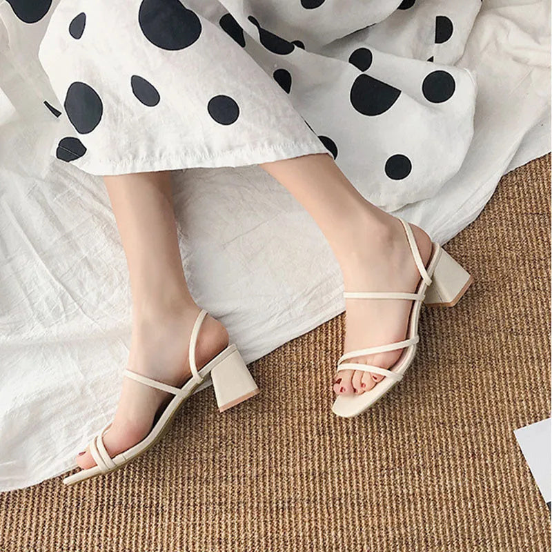 Women's Block Heel Sandals Strappy Square Toe Elegant Slip On Formal Shoes