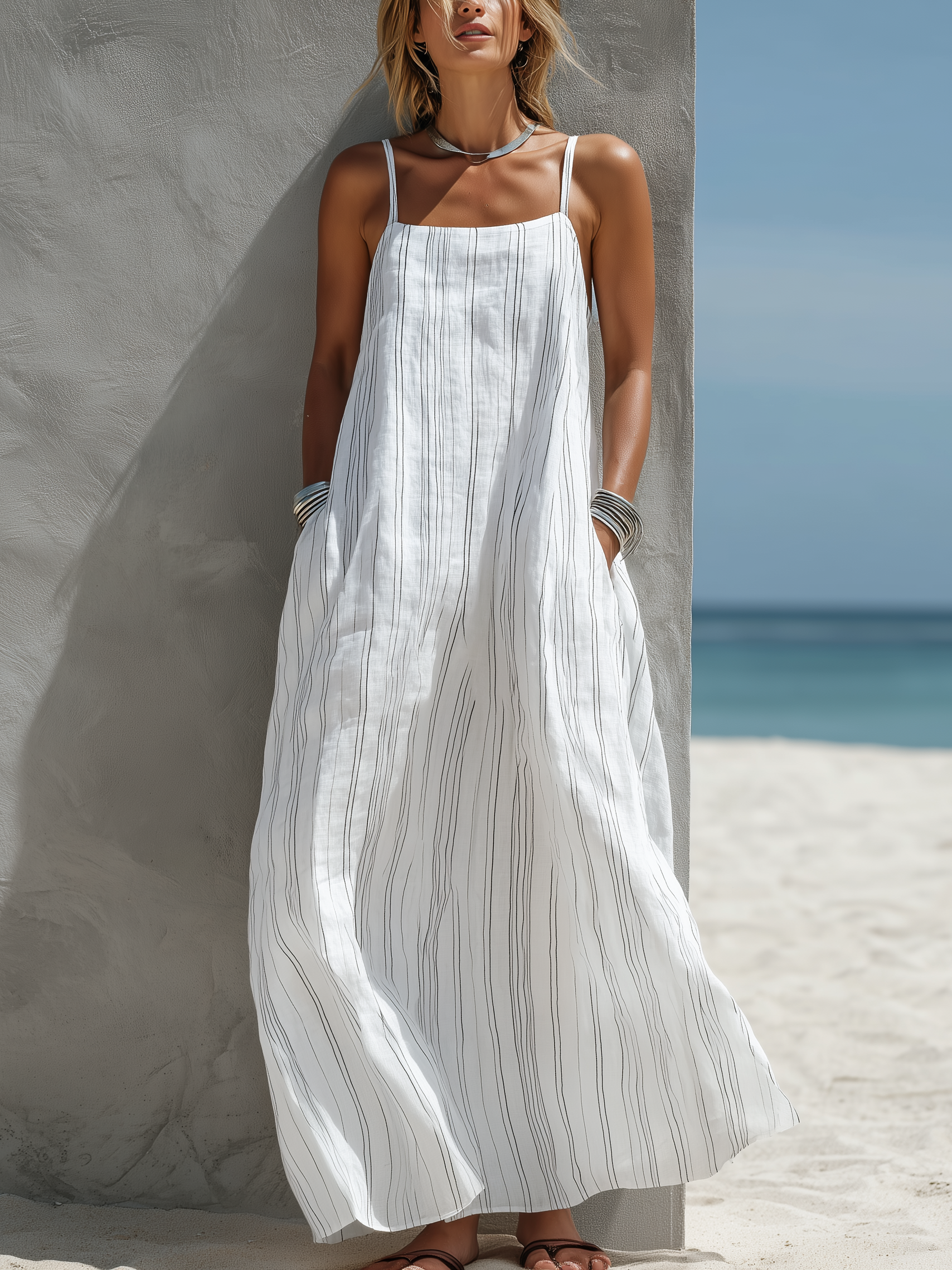 Striped Woven Sleeveless Long Dress