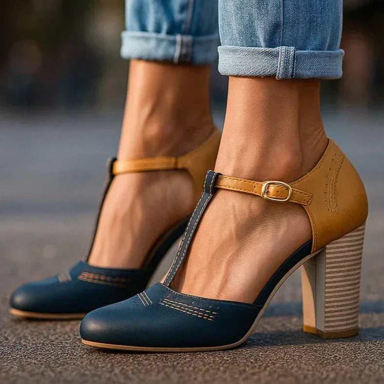 Two-tone block heel pumps — versatile shoes for daily wear
