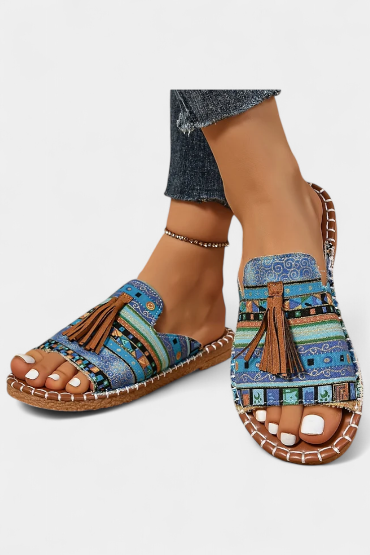 Woven Tassel Flat Slide Sandals