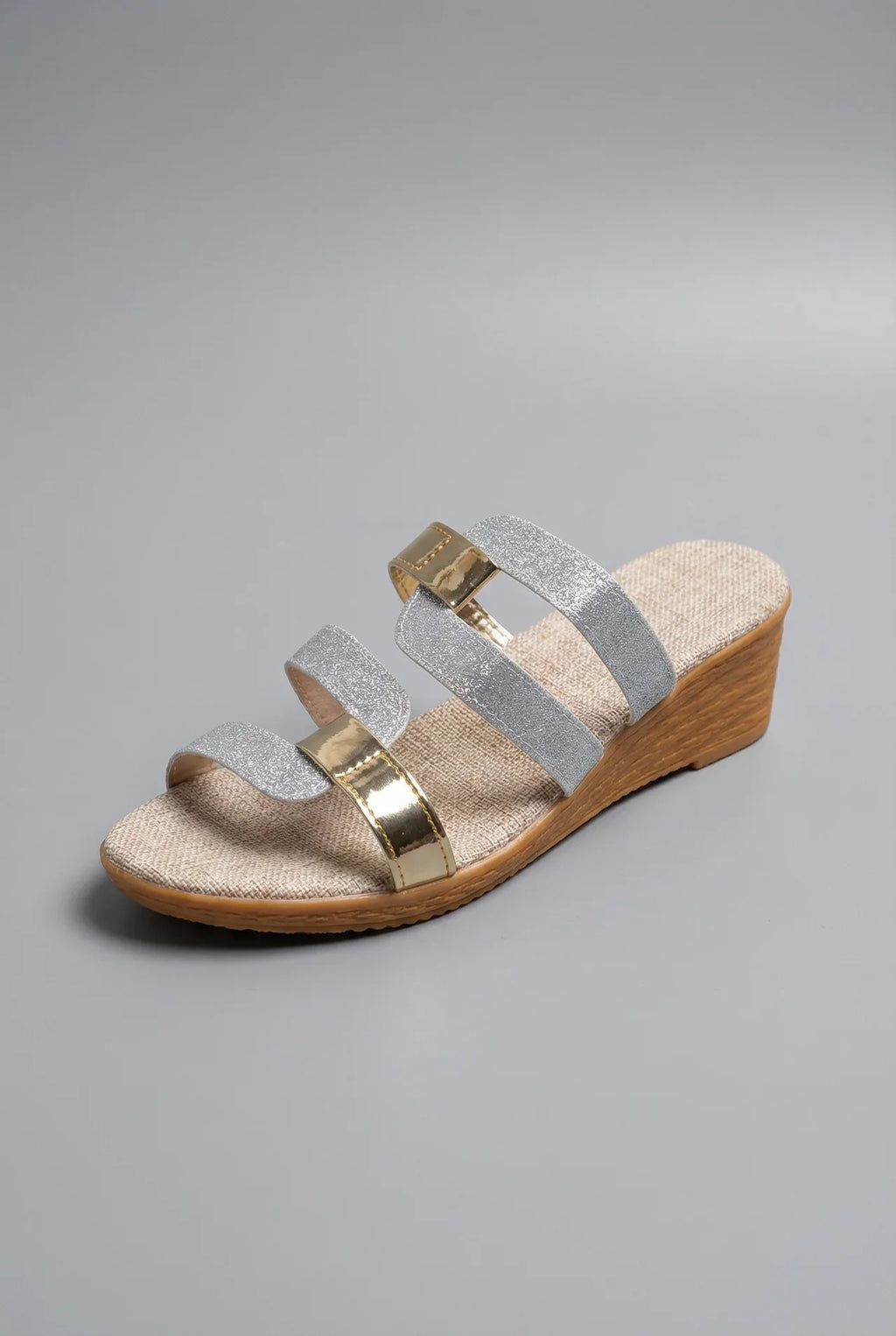 Women's Wedge Slide Sandals Triple Parallel Straps Glitter Detail Open Toe Shoes