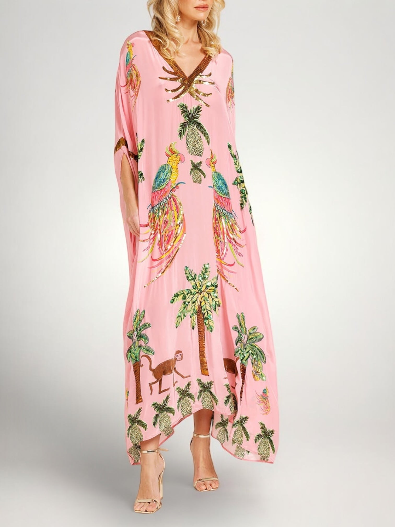 Tropical Print Sequin Kaftan Dress