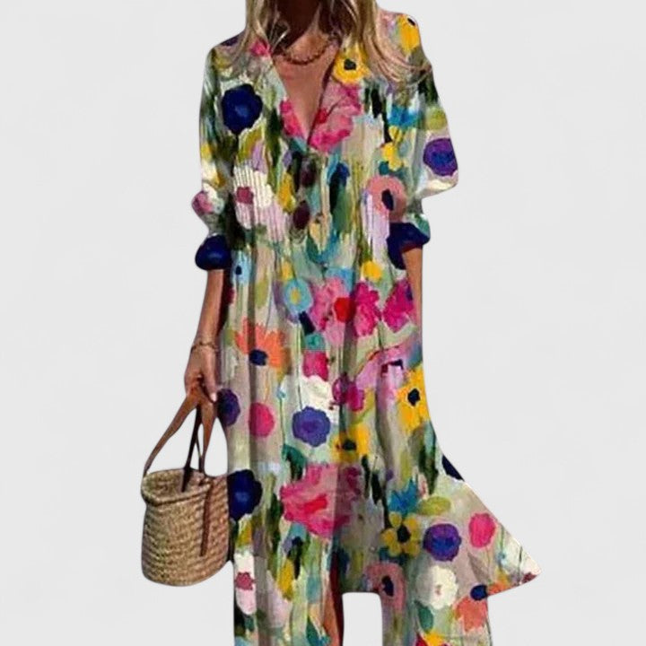 Women's floral print shirtdress — pintuck pleated collared midi dress