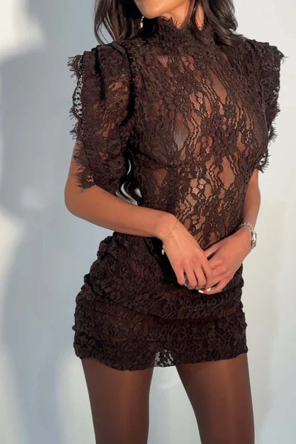 High Neck Sleeveless Floral Lace Bodycon Mini Dress with Ruched Skirt and Cap Sleeves