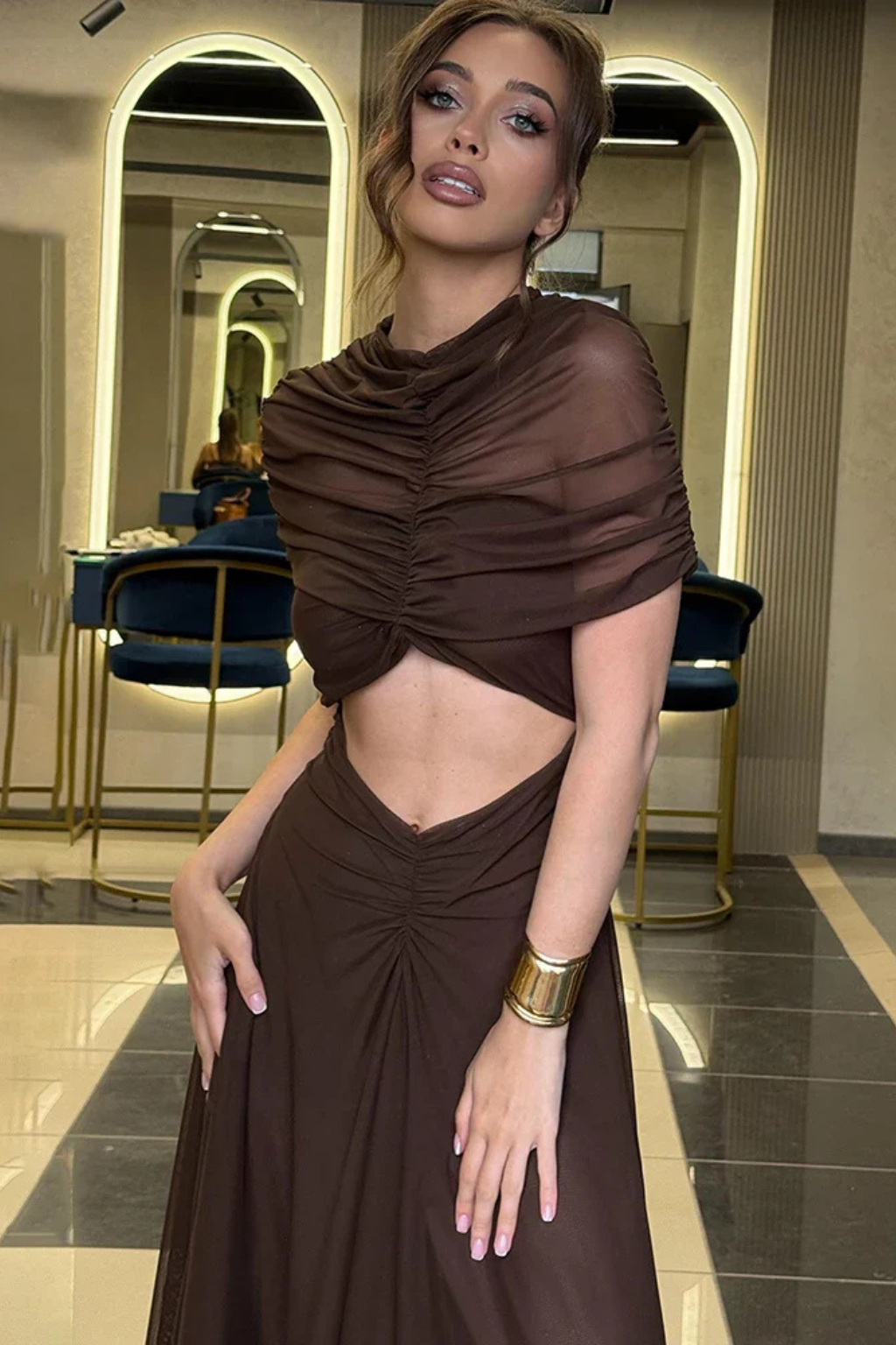 Short Sleeve High Neck Maxi Dress with Front Cut-Out and Ruched Waist Detail