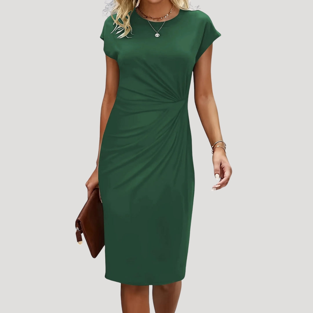 Women's Ruched Cap Sleeve Midi Dress with Round Neckline and Fitted Silhouette
